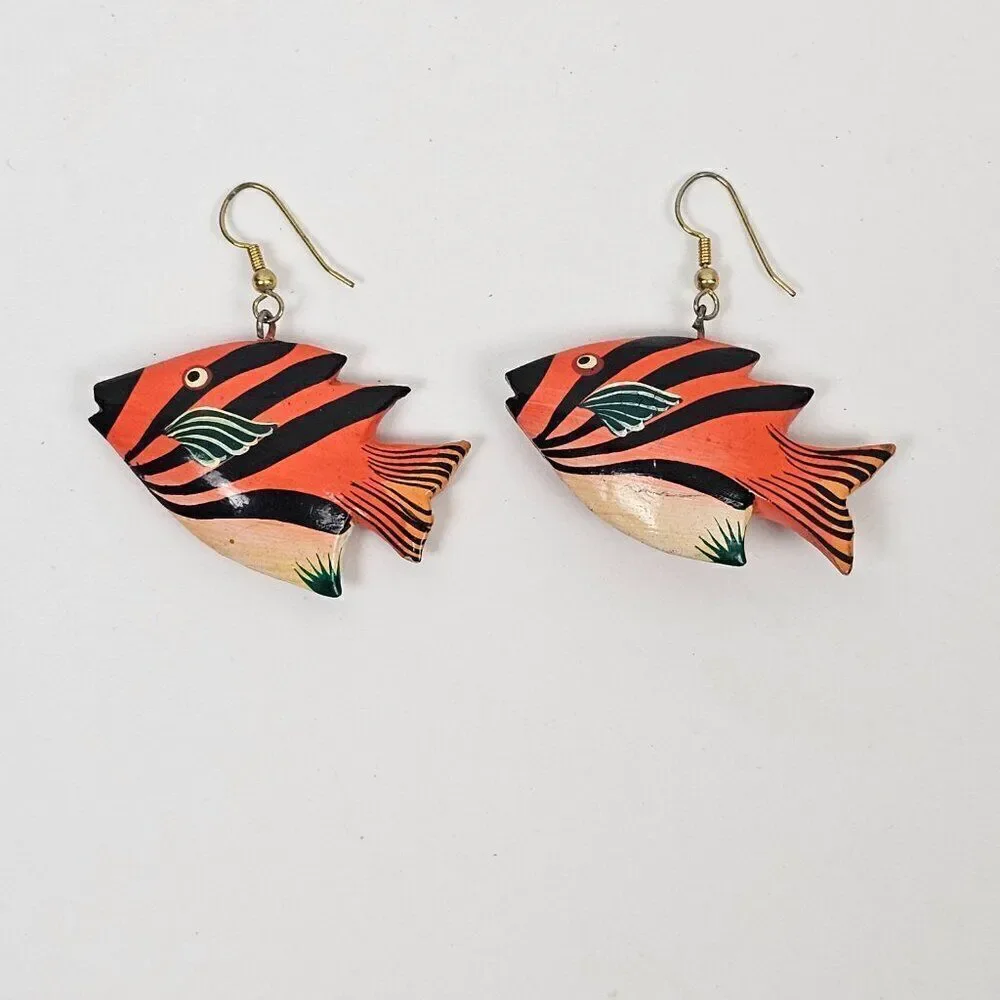 Vintage Fish Hand Painted Orange Wood Dangle Hook Pierced Tropical Boho Earrings